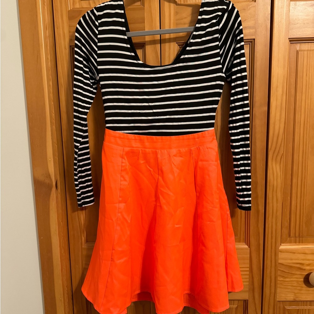 Double Zero Black and White Striped Dress with Bright Orange Skirt